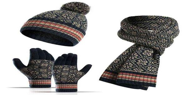 

winter 3pcs pompom beanie hat long scarf touch screen gloves set geometric floral jacquard plush lined skull cap2200790, Blue;gray