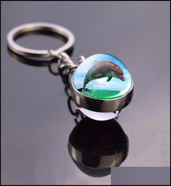

key rings jewelry custom sea animals keychain turtle starfish shark jellyfish dolphin pattern double side glass ball pendant keyri2203293, Slivery;golden