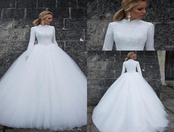 

vintage muslim lace wedding dresses 2020 a line high neck long sleeve zipper back sweep train bridal gown for plus size wedding pa3081903, White
