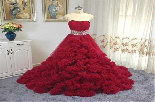 

new luxury princess cloud wedding dress ruffled tulle red ball gown beading sash bridal dress 2020 vestidos de noiva mariage1471310, White