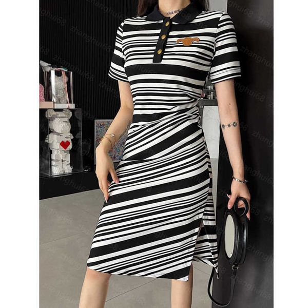 

23ss women dresses summer dress womens designer clothing cotton lapel splicing striped embroidery short-sleeved dress womens clothing a1, Black;gray