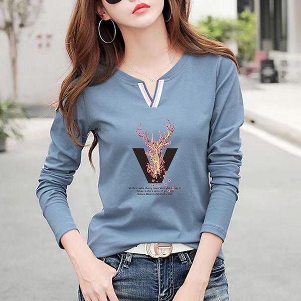 

t-shirt 2022 new autumn fashion v neck 100% cotton t shirt woman long sleeve shirt women's tshirt loose korean style women shirts, White