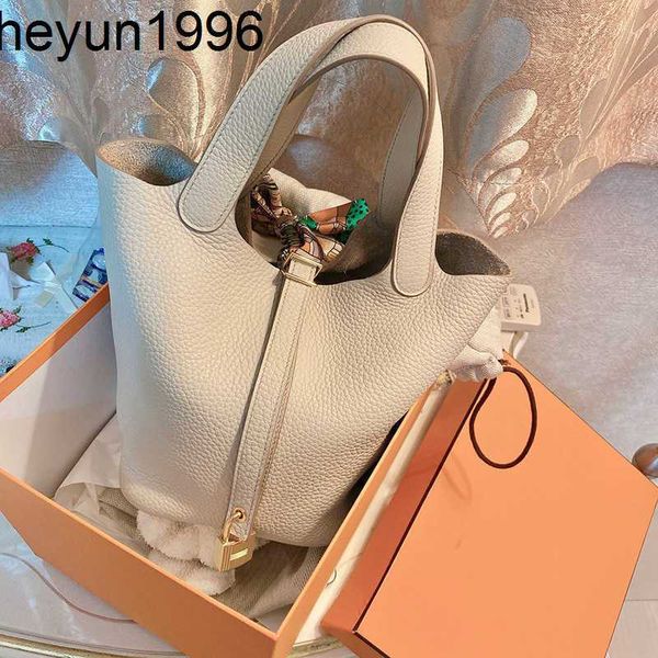 

vegetable basket bags picotin lock female genuine leather 2022 first layer cowhide handbag large capacity bucket bag brand tote luxury