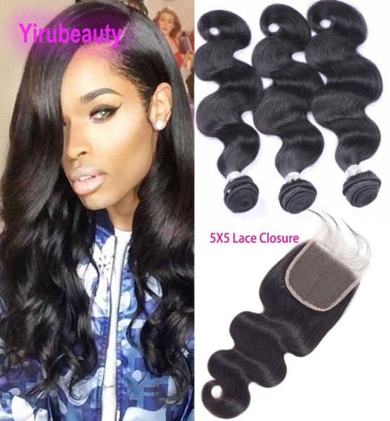 

indian whole 4 pieceslot human hair bundles with 5x5 lace closure body wave bundle with closures middle three part1216618, Black;brown