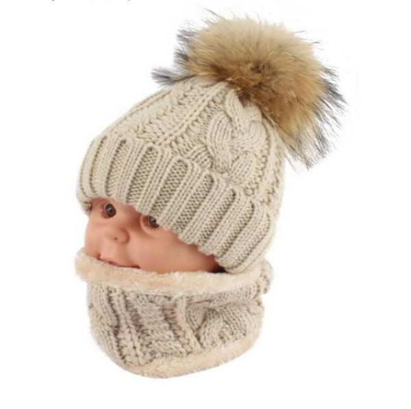 

children kids winter hat scarf set raccoon fur ball hat pom pom beanies baby girls warm fleece cap scarf set5915541, Blue;gray