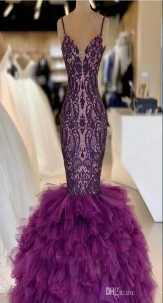 

purple mermaid prom dresses with spaghetti straps tiered skirt tulle and lace celebrity evening dress floor length 2k19 party9090286, Black