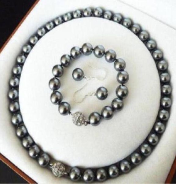 

10mm south sea dark gray shell pearl necklace braceletearring set9343006, Black