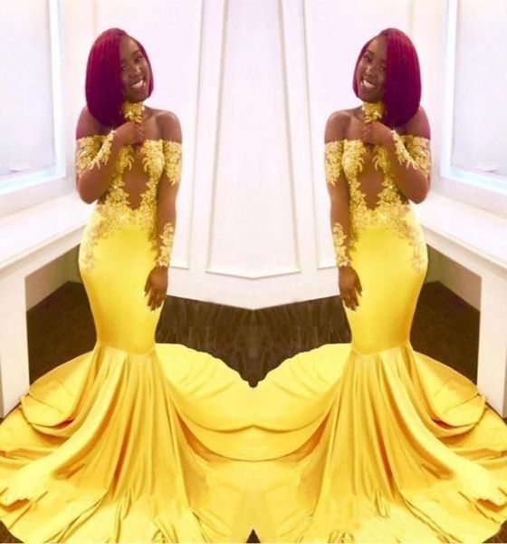 

yellow black girls mermaid prom dresses lace long sleeves backless satin floor length formal party wear evening gowns 6001906