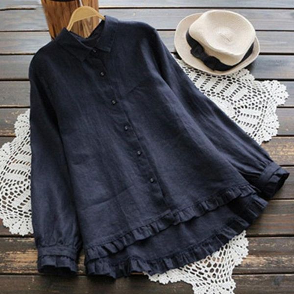 

t-shirt size women blouse lapel ruffled irregular hem shirt casual cotton linen ol shirts lantern sleeve loose blusas 5xl, White