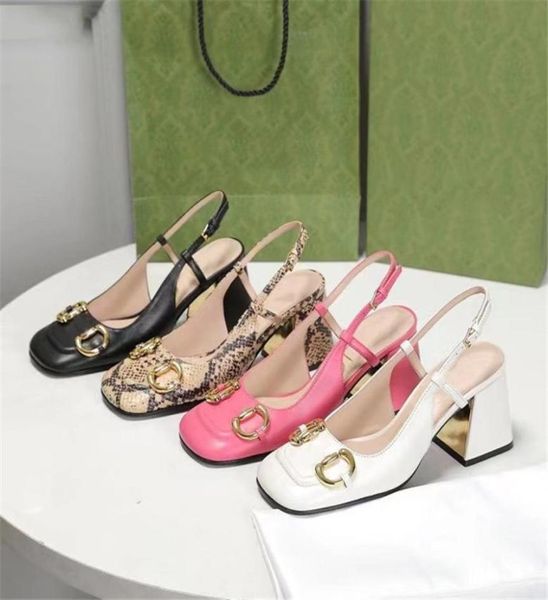 

2021 summer sandals woman elegant genuine leather back strap shoes chunky heels ladies sandal squaretoes metal buckle2079116, Black