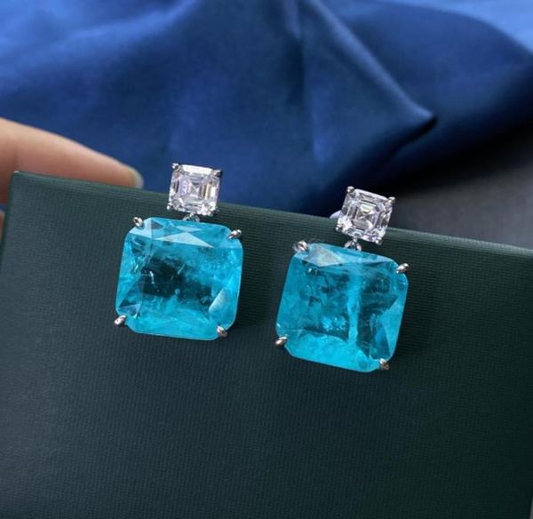 

choucong solid 925 sterling silver fashion paraiba tourmaline gemstone party drop earrings sparkling high carbon moissanite diamon9516891