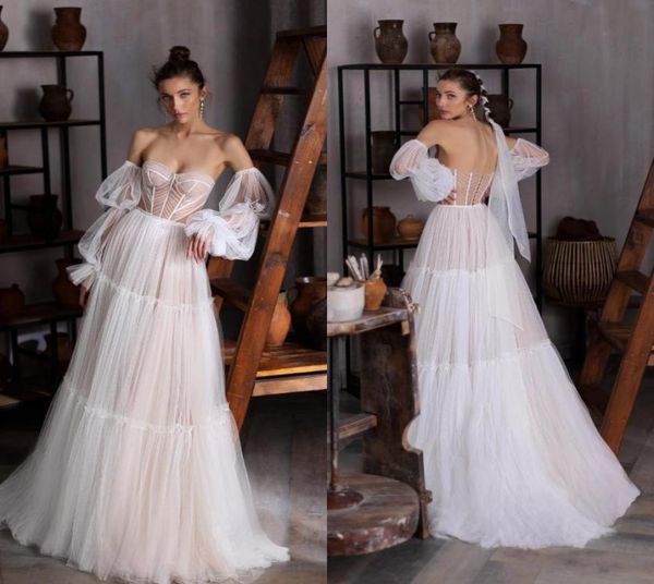 

julie vino bohemian 2022 tulle wedding dress long sleeve sweetheart sequined beach boho a line bridal gowns backless vestido de no6038750, White