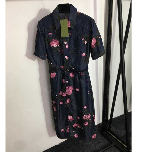

23ss summer dress womens designer clothing women dresses temperament floral print belt tucked in waist lapel short sleeve denim dress womens, Black;gray