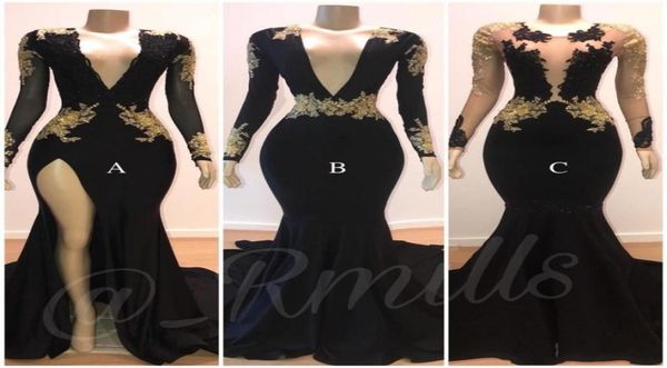

modern prom dresses mermaid gold lace applique vneck long sleeves illusion high side split sweep train evening formal gowns9107771, Black