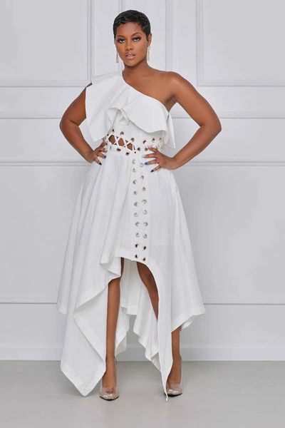 

women one shoulder elegant women asymmetrical dress vestidos, White;black
