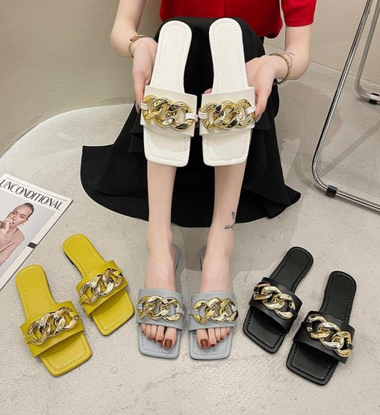 

women wear slippers big 3542 summer fashion personality metal chain square head flat nonslip fairy beach sandals3233982, Black