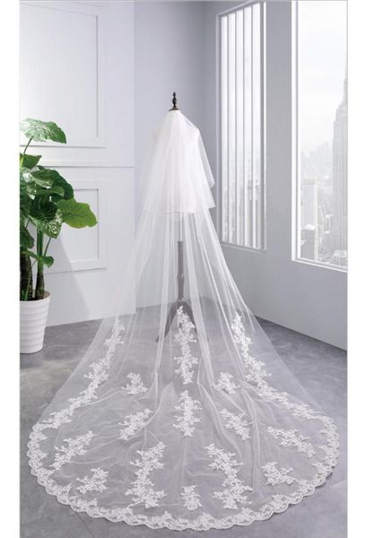 

bridal veils fashion cathedral veil lace headdress double layer 35 meter super long applique edge white or ivory3073102, Black