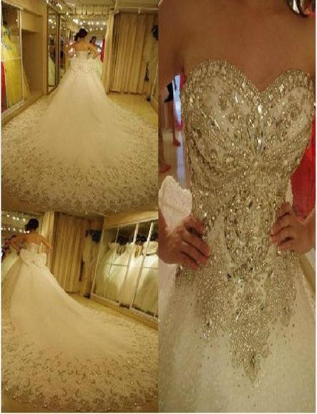 

luxury bling wedding dresses cathedral royal train shiny crystal rhinestones stones sequins beading bridal ball gown vestidos de n4038230, White