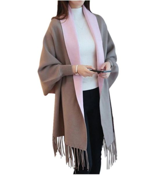 

2017 winter women039s warm artificial cashmere tassel poncho with batwing sleeve solid knitted oversize shawl cardigans7480107, Blue;gray