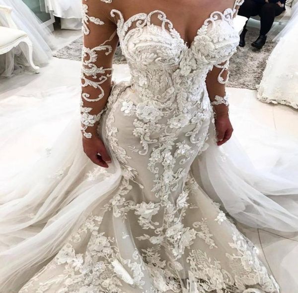 

amazing mermaid lace wedding dresses with detachable train sheer sweetheart neck bridal dress long sleeves 3d applique trumpet wed6482772, White