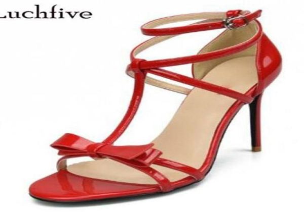 

fashion butterflyknot women sandals ankle buckle strap elegant thin high heels summer black red nude white sandalia feminina9859588