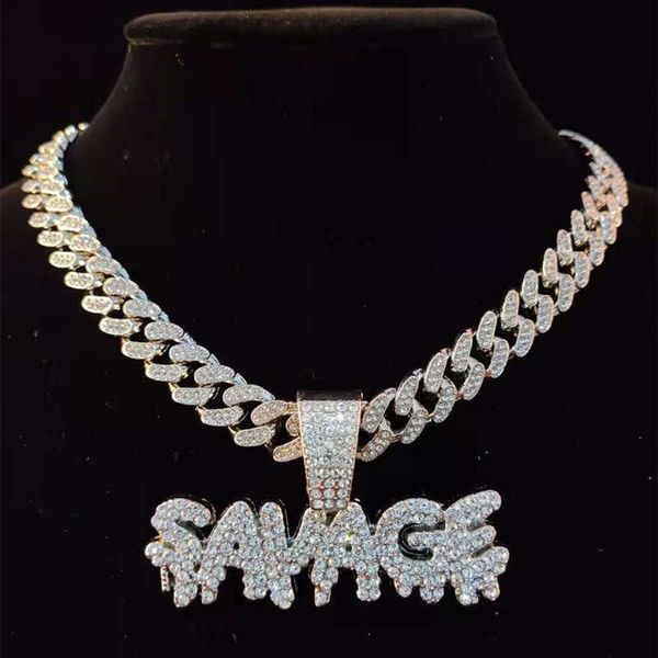 

men hip hop savage letters pendant necklace with 13mm miami cuban chain iced out bling hiphop necklaces male fashion jewelry, Silver