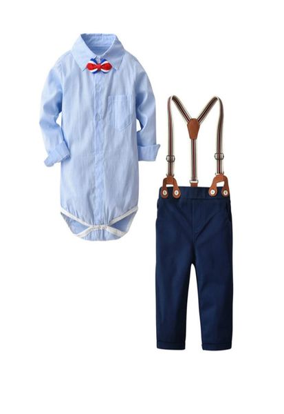 

drop new baby boys clothes kids plaid printing romper with bow and suspender pants 2piece clothing set toddler boys outf3102801, White