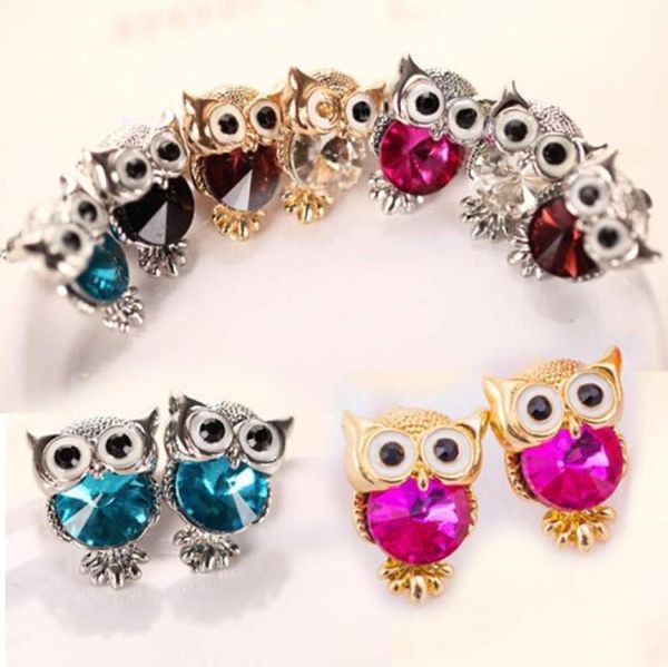 

cute austrian crystal owl earrings women gold silver plated stud earings girls christmas jewelry gift mix colors2744023, Golden;silver