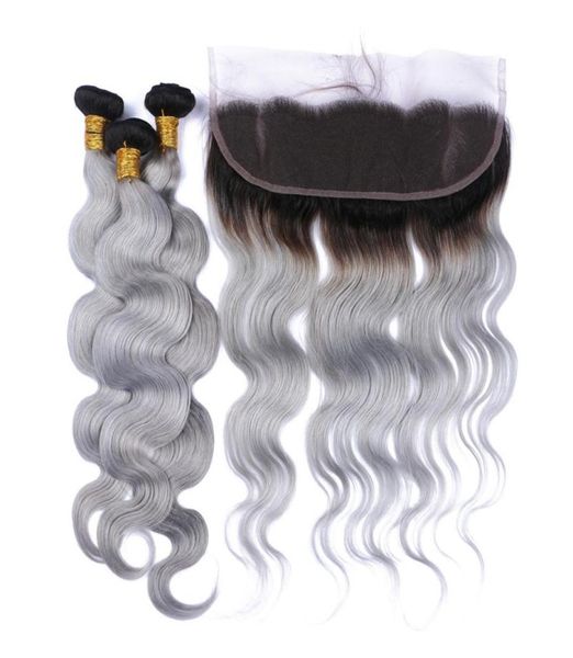 

dark root 1bgrey ombre brazilian human hair weaves body wave with 13x4 full lace frontal closure ombre silver grey virgin hair 38743068, Black;brown