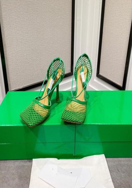 

stretch sandal with mesh and nappa leather thin straps wrapped ankle buckle padded rubber outsole 9cm size 35422716937, Black