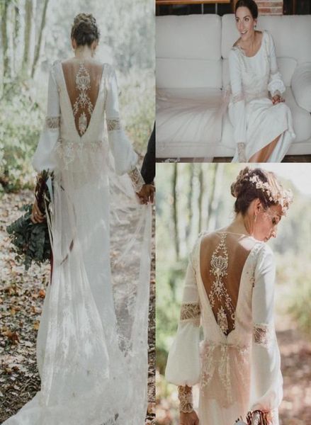

vintage boho loose long sleeve wedding dresses jewel neck amazing lace hollow back country bohemian bridal wedding gown8739750, White