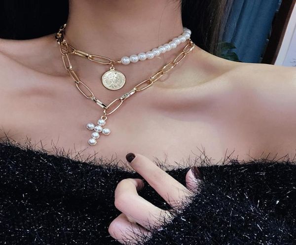 

design imitation pearls choker necklace female cross pendant necklaces women gold color 2019 fashion summer coin jewelry8633810, Golden;silver