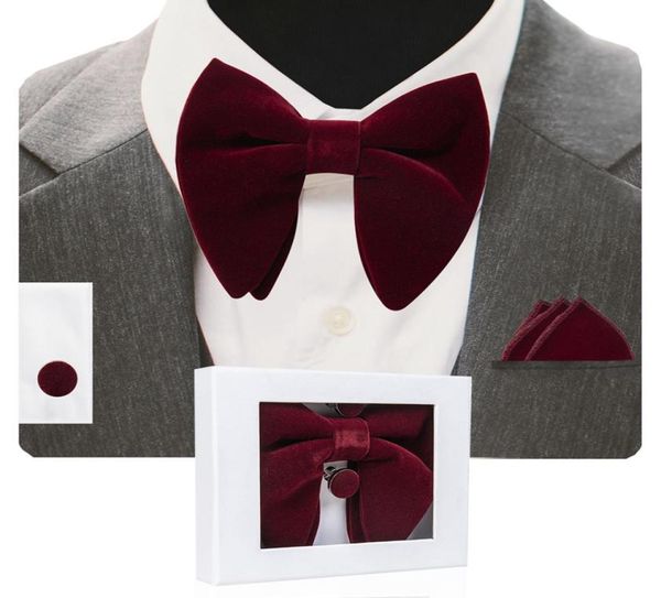 

velvet big bow tie men039s bowties pocket square cufflinks set with gift box solid red yellow necktie for man wedding1690012, Black;gray
