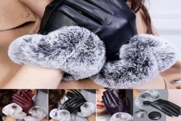 

winter women touch screen elegant soft black leather gloves warm fur mittens8801461, Blue;gray