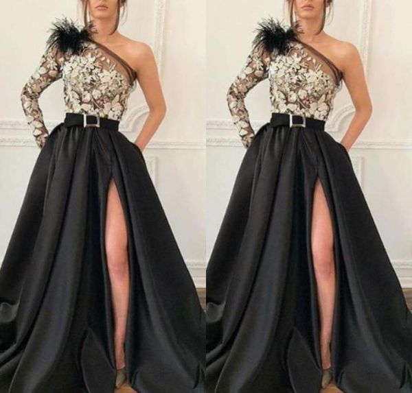 

modern one shoulder black satin a line evening gown long sleeve appliques front split long prom dresses for special occasion wear1861101, Black;red