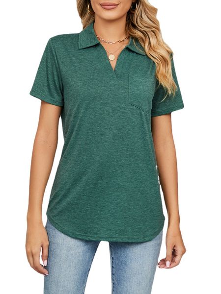 

women short sleeve lapel neck solid t shirt, White