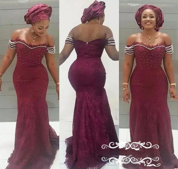 

amazing african lace prom evening dresses formal gowns 2022 mermaid off the shoulder with sleeves pearls beaded long black girls d1150732