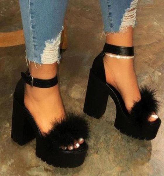 

purple blue red fur female fur sandals platform heels chunky heel platform shoes and ankle strap high heels x05232799274, Black