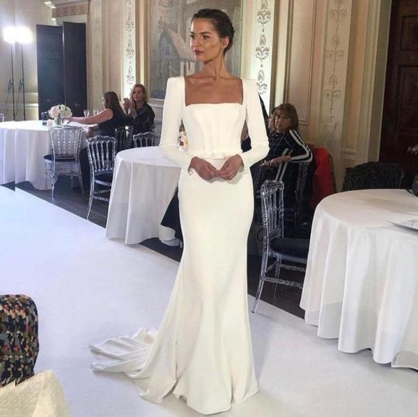 

simple square neck mermaid wedding dresses long sleeve satin bridal dress sweep train with belt country bridal gowns8674855, White