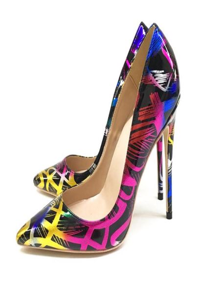 

real po fashion women dress shoes multicolor patent leather printed point toe ankle lady high heels pumps 12cm stilettos l2028778, Black