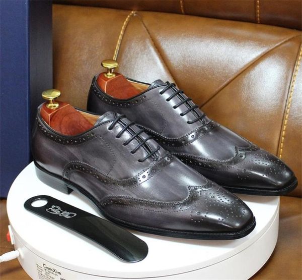 

size 613 handmade mens wingtip oxford shoes grey genuine leather brogue men039s dress shoes classic business formal shoes for 3418405, Black