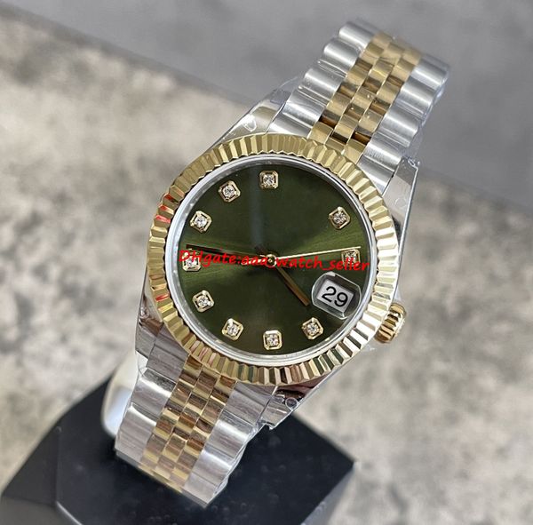 

bp factory luxury lady watches 31mm 278273 green dial diamond hour marker mechanical automatic movement two tone gold&steel jubilee bracelet, Slivery;brown