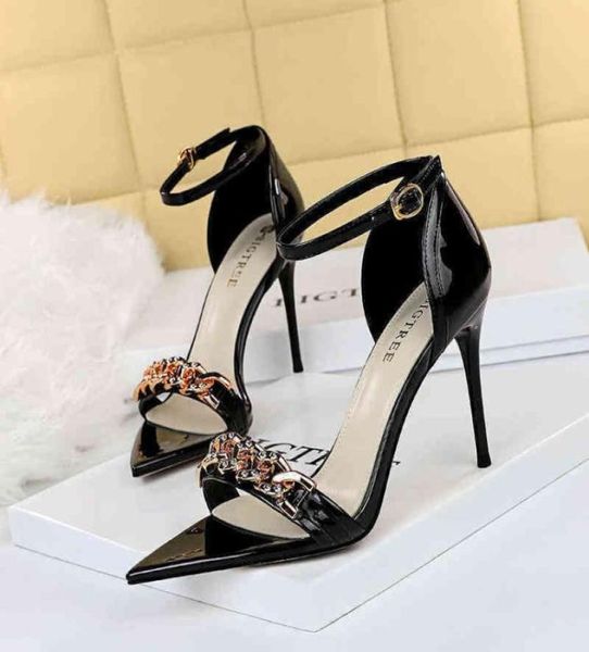 

sandals women dress shoes korean pointed high heels luxury metal chain hollowed out pumps one line belt thin heeled sandals 24822268, Black