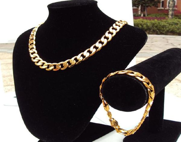 

weighty heavy 24k stamp real yellow solid gold 236 men039s necklace bracelet set 12mm curb chain 600mm jewelry mintmark let4410905, Silver