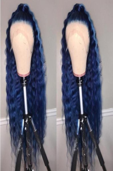 

dark blue color water wave wig with baby hair high temperature synthetic lace front wigs for black women cosplay98067131955431, Black;brown