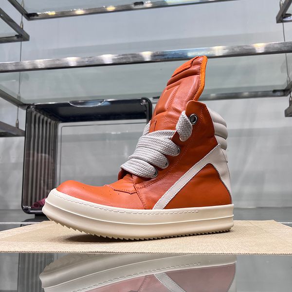 

round owens high men's ankle motorcycle boots jumbo lace up women orange casual shoes sneakers thick sole leather geobasket dark storm, Black