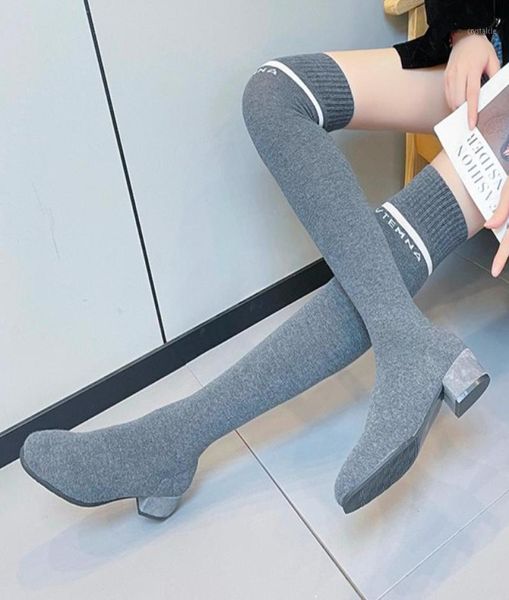 

boots 2021 fashion thigh high women slim stretch fabric sock rhinestone chunky heels shoes over the knee long boot3398814, Black