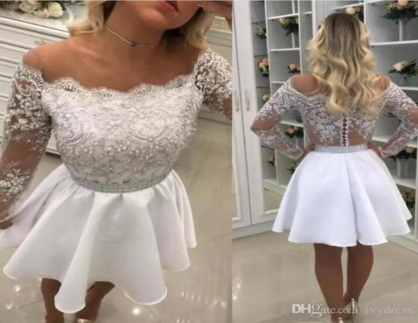

bateau neck beads short mini prom dresses appliques formal party gowns sheer long sleeve evening gown homecoming dress custom7439432, Blue;pink