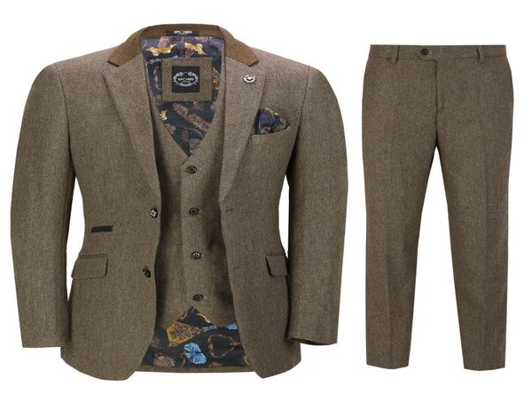 

mens 3 piece herringbone tweed suit in brown retro peaky blinders style fitted man suitsjacketpantsvest 1495597, Black;gray