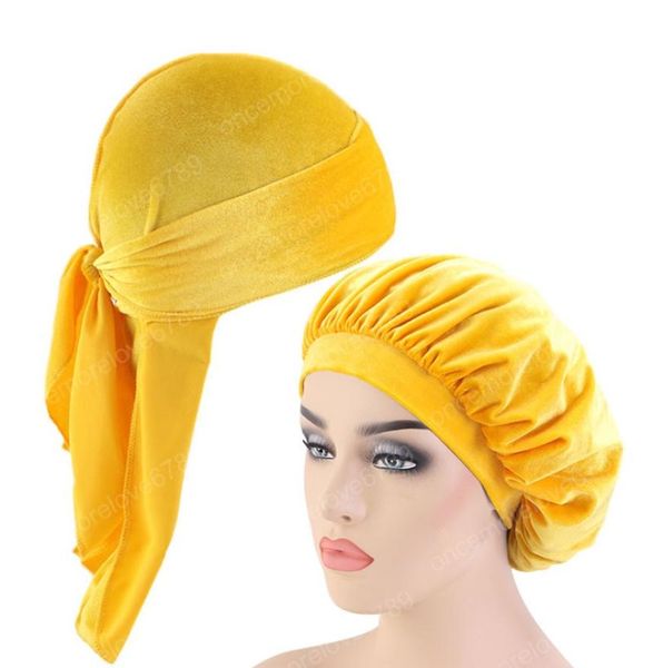 

velvet durag and bonnet 2pcs set women sleep cap and men doo rag bonnet cap comfortable velvet sleeping hat5204950, Blue;gray
